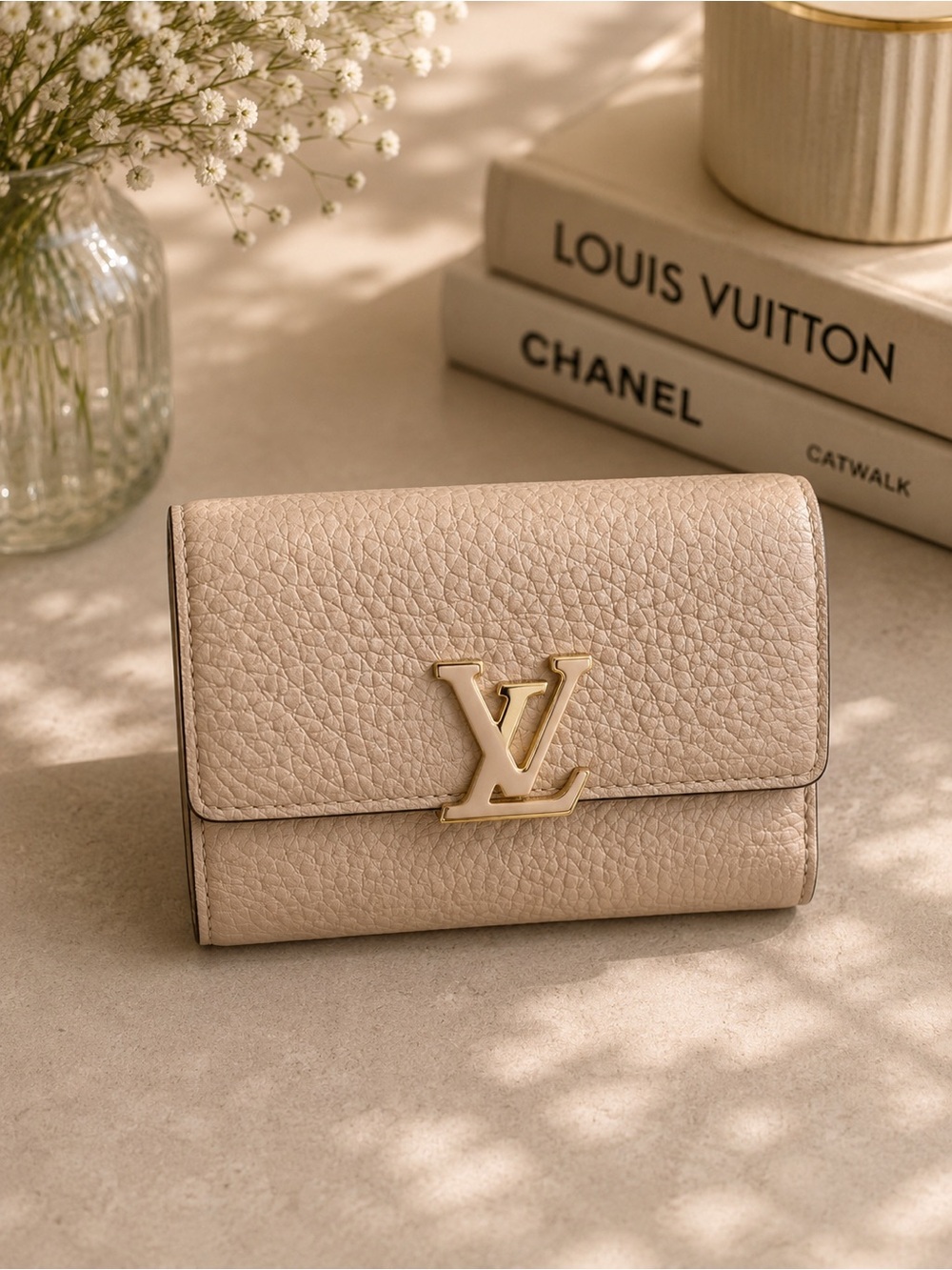Authentic Louis Vuitton Taupe Pebbled Leather Twist Wallet with Gold LV